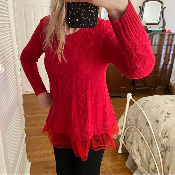 Military Hippie Sweaters - Military Hippie Red Ruffle Hem Sweater